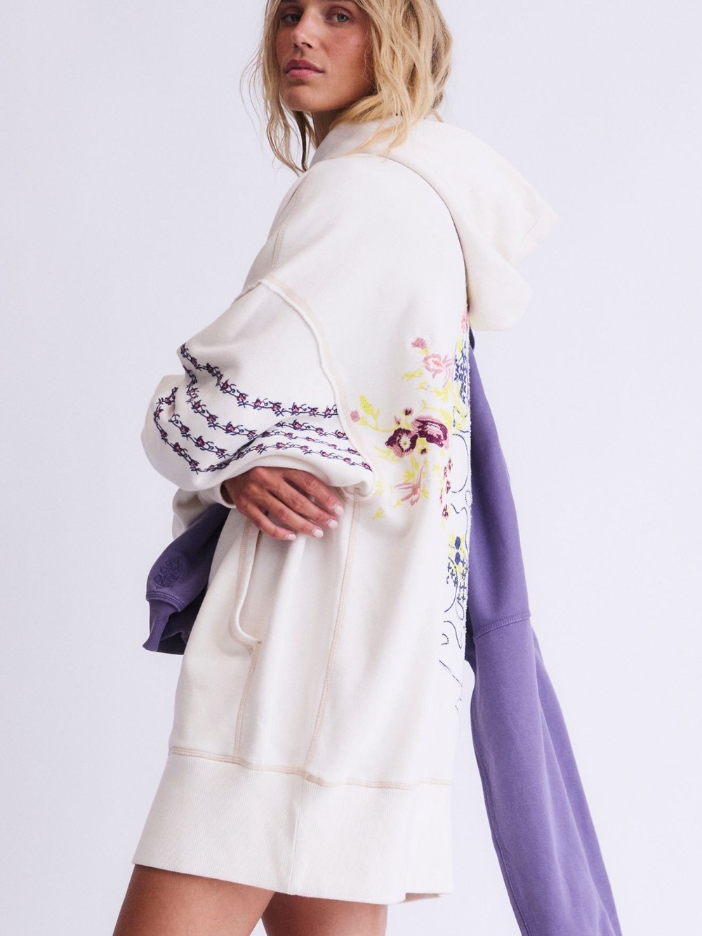 Free People FP Movement At My Best Embroidered Hoodie in Ivory - Picture 4 of 9